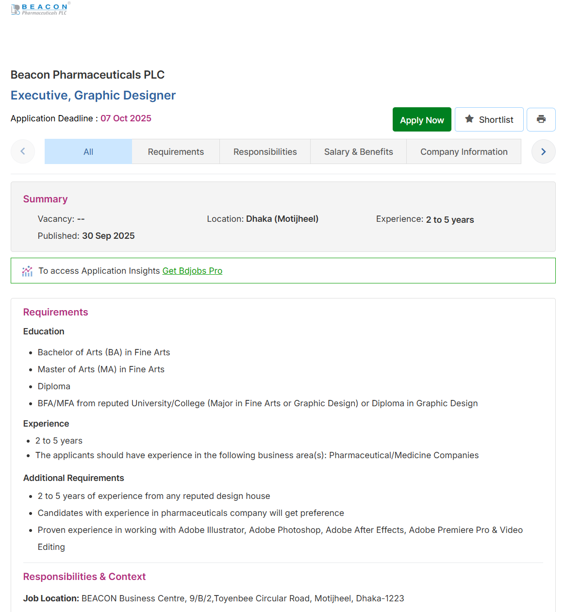 Beacon Pharmaceuticals PLC Job Circular 2025